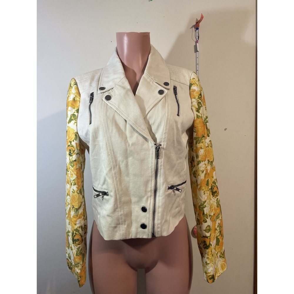 Mural Jacket Women's yellow Floral Sleeve Biker cream Size Medium front zip